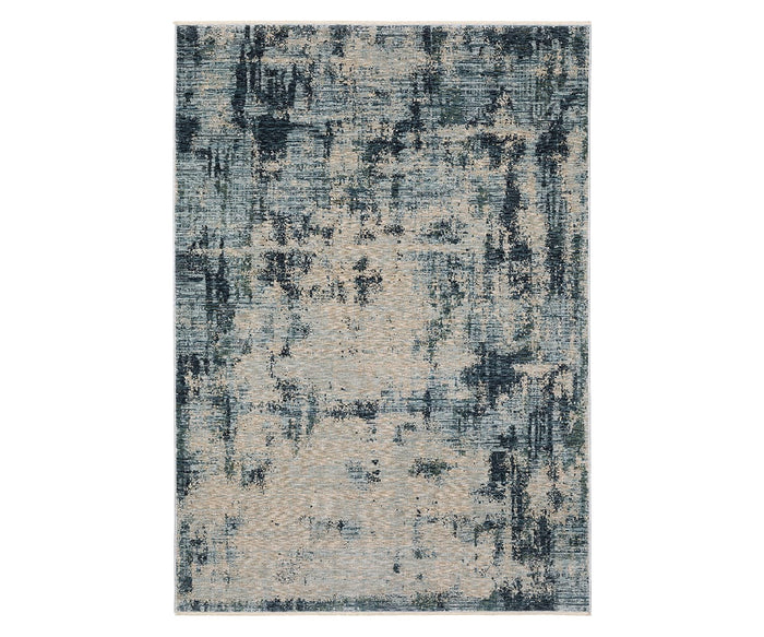The Oriental Weavers Hayden HAY04 Rug showcases a rectangular design with an abstract, distressed pattern in blue and multi-toned shades, crafted from space-dyed polyester for a contemporary, textured look.