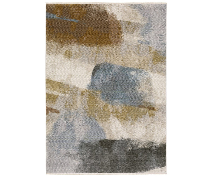 The Oriental Weavers Hayden / HAY09 Rug in Brown/Multi showcases painterly brushstroke patterns in blue, brown, beige, and gray on a cream background. Its space-dyed polyester construction gives the rug a soft feel and modern look, with overlapping colors and textured appeal.