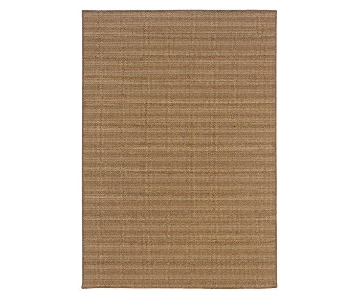 The Oriental Weavers Karavia / 1X Rug in Brown/Multi features a rectangular shape with a subtle horizontal stripe pattern. Its woven texture and neatly finished edges highlight its quality craftsmanship. Made from durable synthetic polypropylene, this rug blends style and resilience, making it perfect for high-traffic areas. The rug is shown against a white background.
