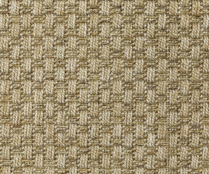 Close-up of the Oriental Weavers Karavia / 2160X Rug, showcasing its woven beige and brown basketweave pattern with interlaced thick threads that create a structured and detailed surface, reflecting the look and feel of a durable, easy-care polypropylene construction.