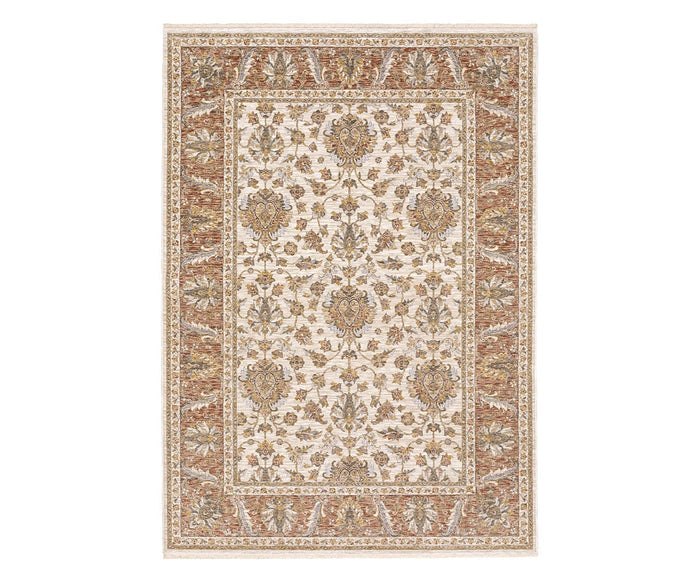 Introducing the Oriental Weavers Maharaja / 5091Q Rug—a rectangular area rug from the Maharaja Collection, showcasing an intricate floral and vine pattern in elegant brown and multi-colored tones. Crafted from durable polyester, its detailed border echoes traditional motifs, infusing any room with timeless beauty and sophistication.