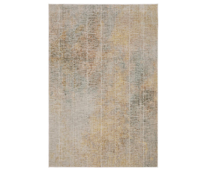 The Oriental Weavers Mallory / MAL09 Rug is a rectangular area rug in a Beige/Multi colorway, power-loomed with space-dyed polypropylene and showcasing an abstract pattern in muted tones of beige, gray, blue, and gold with textured horizontal and vertical lines throughout.