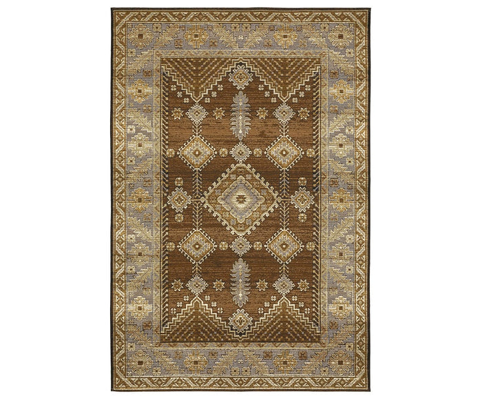 The Oriental Weavers Naples / 1441X Rug features a brown and multi-colored geometric pattern with diamonds and decorative borders on a white background. Made of polypropylene, this fade-resistant rug is ideal for both indoor and outdoor spaces.