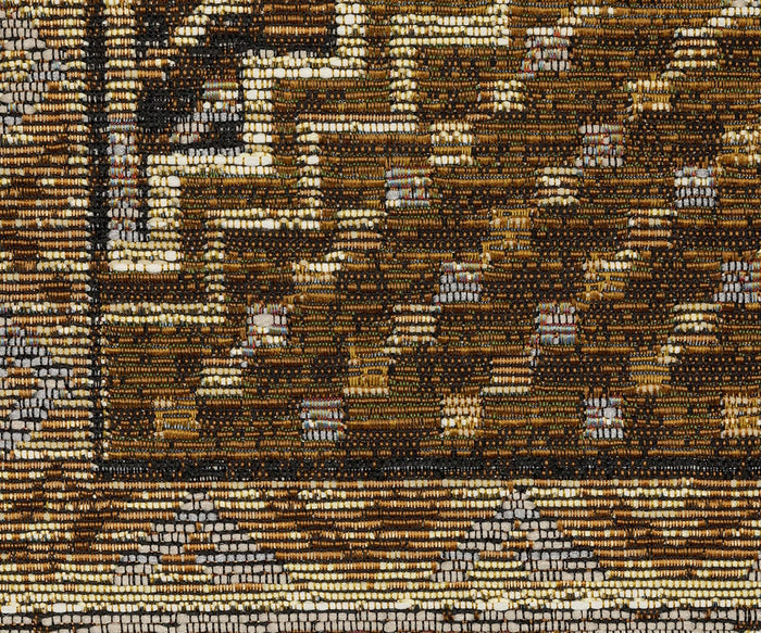 Close-up of the Oriental Weavers Naples / 1441X Rug, showcasing intricate geometric patterns and zigzag lines in shades of brown, gold, white, and black—expertly crafted from durable polypropylene fibers for long-lasting beauty and texture.