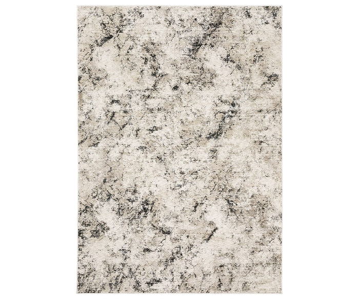 The Oriental Weavers Nebulous / 561E Rug features a rectangular design with a beige background and abstract black and gray marbled patterns, embodying modern abstract style. Crafted from soft polyester yarn in space-dyed neutrals, this rug offers a subtle yet striking visual effect.