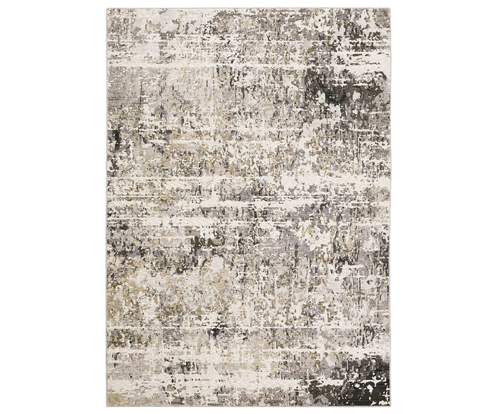 The Oriental Weavers Nebulous / 91L Rug is a power-loomed polyester area rug, featuring a modern abstract design with a distressed, textured pattern in versatile grey and multi-toned shades—perfect for adding contemporary style to any space.
