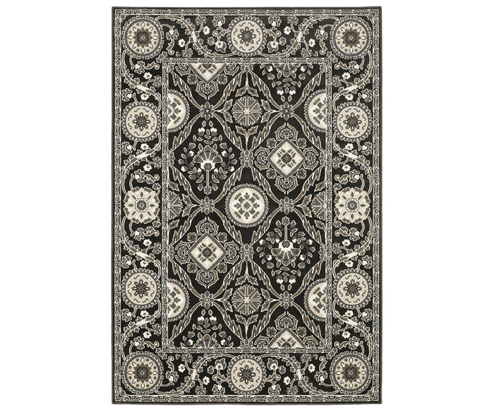 The Oriental Weavers Raylan / RAY05 Rug is a rectangular area rug in brown and multi tones, showcasing intricate floral and geometric patterns with a decorative border and symmetrical central design inspired by Persian motifs. Its high/low construction enhances the elegant geometric details with added depth and dimension.