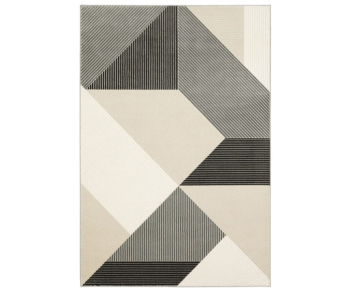 The Oriental Weavers Raylan / RAY07 Rug features a rectangular design with geometric motifs composed of triangles and parallelograms in a multi-colored palette, including both solid and striped sections.