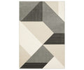 The Oriental Weavers Raylan / RAY07 Rug features a rectangular design with geometric motifs composed of triangles and parallelograms in a multi-colored palette, including both solid and striped sections.