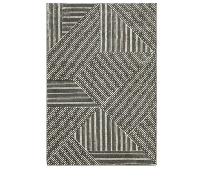 The Oriental Weavers Raylan / RAY08 Rug in Grey/Multi showcases a rectangular silhouette with bold geometric patterns of intersecting angled shapes, each accented by fine, parallel white lines set against a dark gray background. Designed to resist fading, its contemporary and abstract style makes a striking statement.