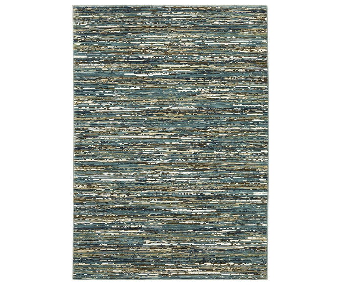 The Oriental Weavers Reed / RE01G Rug is a rectangular area rug in a multi-color striped pattern featuring shades of blue, beige, brown, and white, expertly crafted from space-dyed polypropylene for a textured and layered appearance.