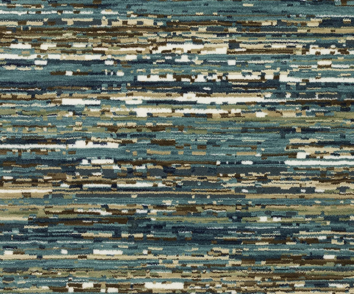 The Oriental Weavers Reed / RE01G Rug features an abstract pattern with horizontal lines in blue, teal, beige, brown, and white hues, evoking the look of blurred brushstrokes or pixelated digital art. Crafted from space-dyed polypropylene, this textured rug offers a modern appearance and durable finish.