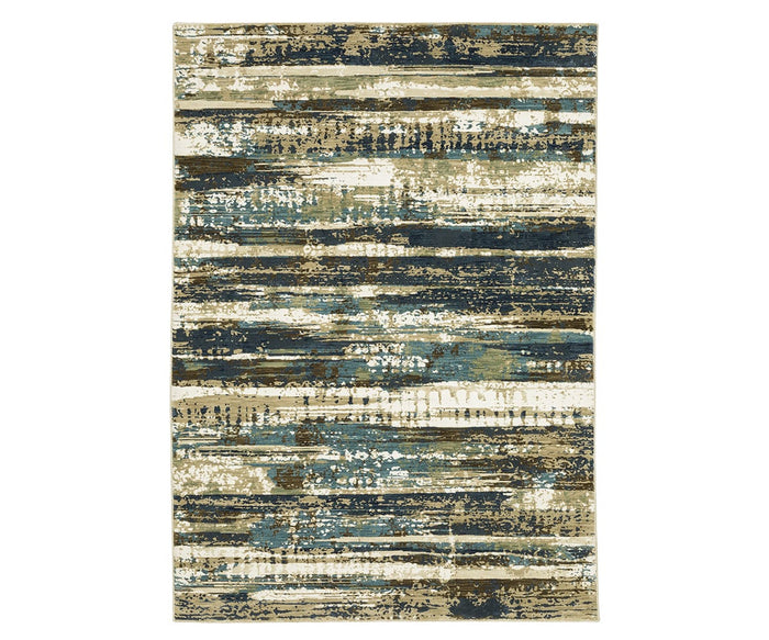 The Oriental Weavers Reed / RE02A Rug features an abstract design with horizontal streaks in multi-colored shades. Crafted from space-dyed polypropylene, its distressed pattern lends a textured, contemporary look. Rectangular in shape, the rug is shown photographed from above.