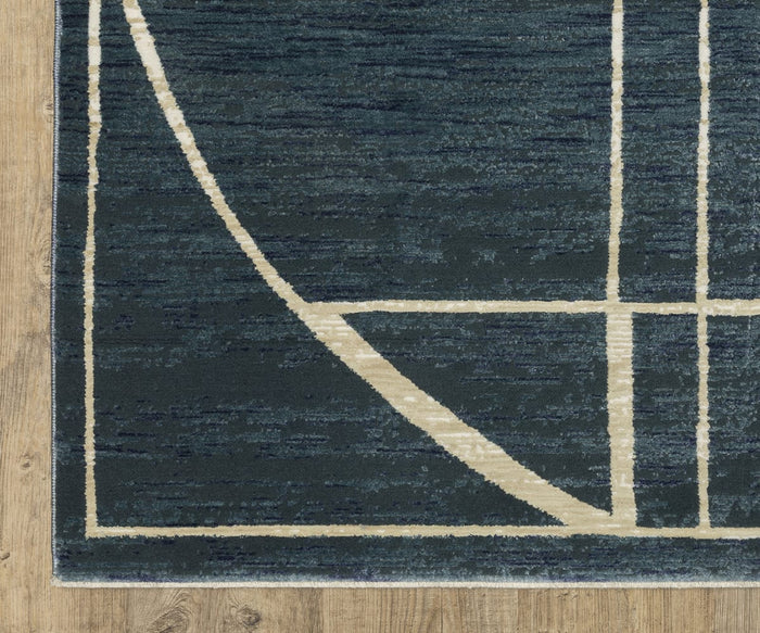 The Oriental Weavers Reed / RE04B Rug features dark blue tones with cream geometric lines—including rectangles and a curved arc—that bring modern elegance to a light wood floor. Expertly crafted from space-dyed polypropylene, this textured rug delivers both visual interest and lasting durability.