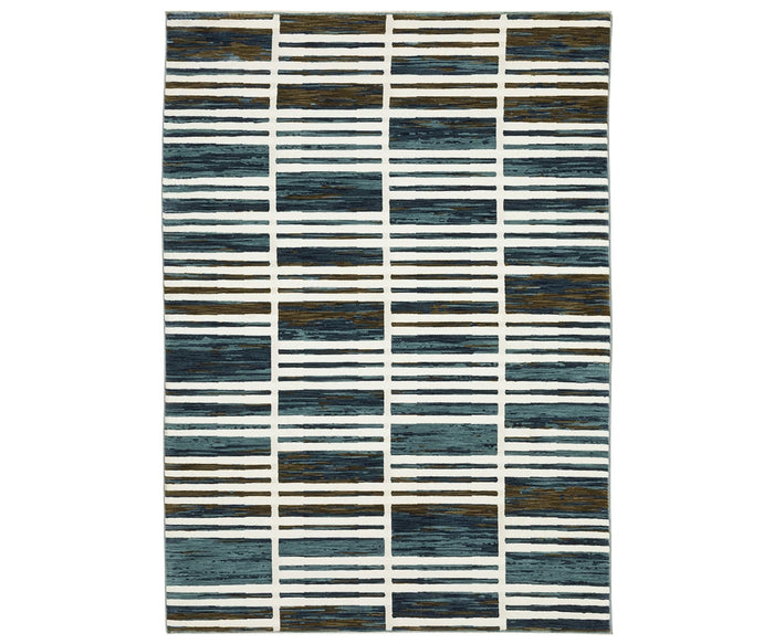 The Oriental Weavers Reed / RE05A Rug showcases a geometric pattern of horizontal stripes in varying shades of blue and multi-colors, arranged in a modern grid layout. Crafted from space-dyed polypropylene, this textured rug offers a contemporary and repetitive design that spans the entire surface.