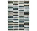 The Oriental Weavers Reed / RE05A Rug showcases a geometric pattern of horizontal stripes in varying shades of blue and multi-colors, arranged in a modern grid layout. Crafted from space-dyed polypropylene, this textured rug offers a contemporary and repetitive design that spans the entire surface.