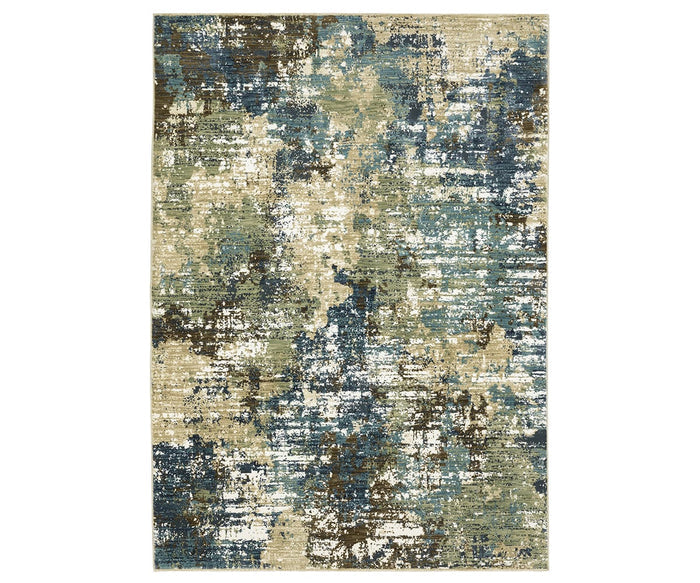 The Oriental Weavers Reed / RE06A Rug features an abstract, distressed pattern in a multi-color palette and is crafted from space-dyed polypropylene, offering a durable yet textured surface with a painterly effect.