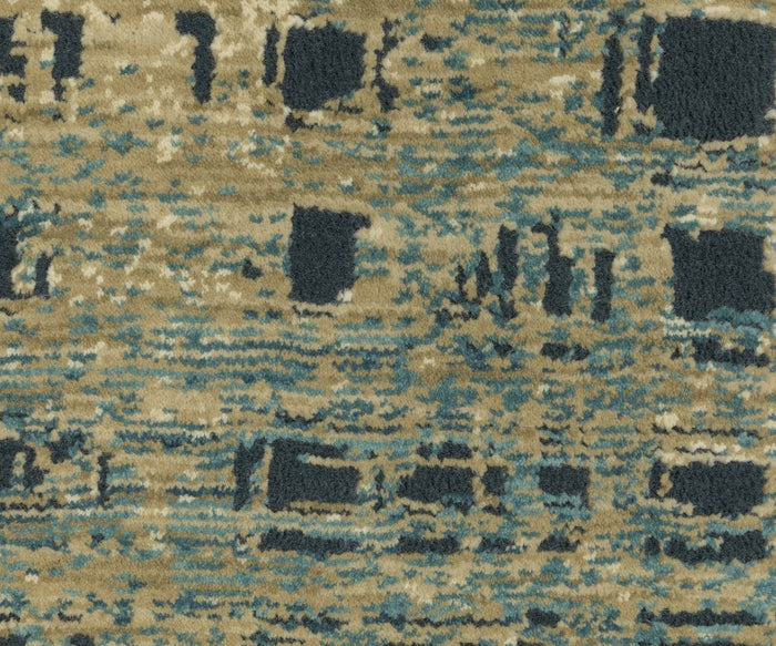 A close-up of the Oriental Weavers Reed / RE07B Rug, showcasing abstract shapes in blue, black, and beige tones with a mix of rectangular blocks and textured lines, crafted from space-dyed polypropylene.