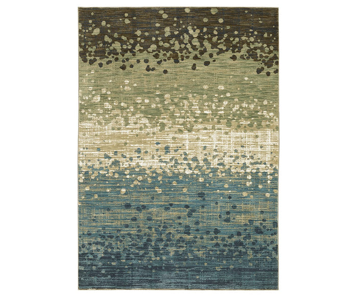 The Oriental Weavers Reed / RE08A Rug is a rectangular modern abstract area rug featuring a distinctive dot pattern. Its multi-color design transitions from dark brown at the top, through olive green and beige in the center, to blue shades at the bottom. Crafted from high-quality polypropylene polyester fibers, this rug offers a super-soft feel underfoot.