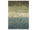 The Oriental Weavers Reed / RE08A Rug is a rectangular modern abstract area rug featuring a distinctive dot pattern. Its multi-color design transitions from dark brown at the top, through olive green and beige in the center, to blue shades at the bottom. Crafted from high-quality polypropylene polyester fibers, this rug offers a super-soft feel underfoot.
