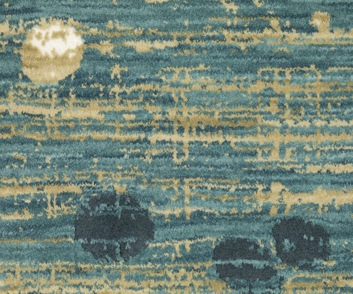 The Oriental Weavers Reed / RE08A Rug showcases an abstract textured design in teal, yellow, and cream hues. Light and dark circular patterns reminiscent of water stains or artistic splotches are scattered across a horizontal, brushstroke-inspired background. Made from durable polypropylene polyester fibers, this super-soft area rug blends contemporary style with cozy comfort—perfect for any living space.