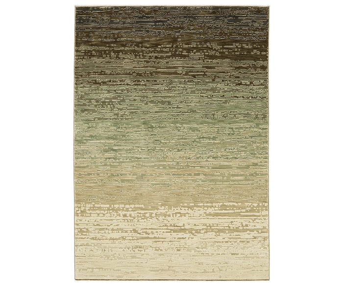 The Oriental Weavers Reed / RE09A Rug in Green/Multi features a rectangular shape with a gradient design that transitions from dark brown at the top through green and beige tones to light cream at the bottom. Crafted from space-dyed polypropylene for long-lasting color, this textured rug displays a subtle, irregular pattern across its surface.