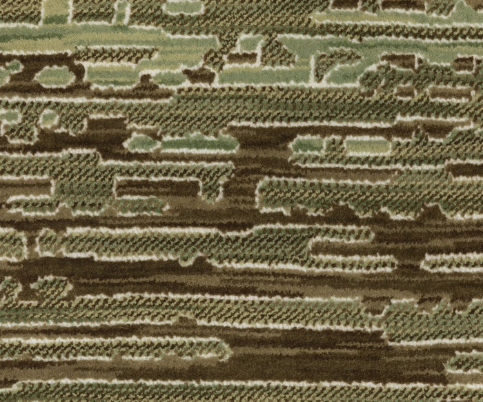A close-up of the Oriental Weavers Reed / RE09A Rug reveals its textured surface and abstract, layered pattern in shades of green, brown, and beige—evoking a camouflage or nature-inspired aesthetic. Expertly crafted from space-dyed polypropylene, this rug displays exceptional depth and color variation.