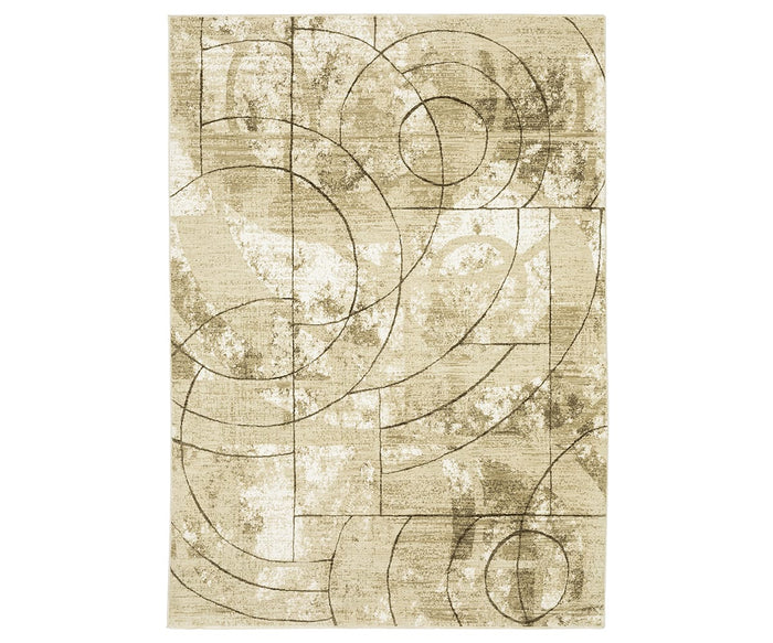 The Oriental Weavers Reed / RE10A Rug in Beige/Multi showcases abstract geometric patterns with intersecting circles and rectangles in shades of beige, cream, and light brown. Crafted from space dyed polypropylene, this modern rug offers a super-soft feel underfoot while adding contemporary style to any room.
