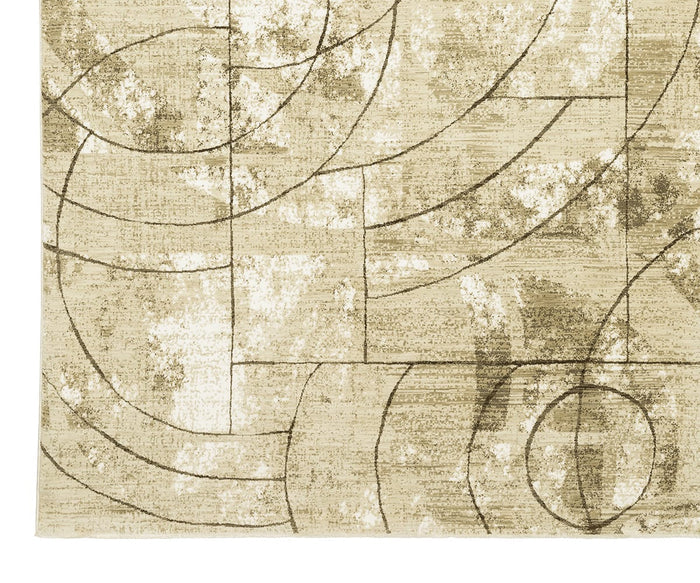 The Oriental Weavers Reed / RE10A Rug features abstract geometric and curved line patterns in beige, cream, and brown tones with a distressed texture and a distinctive circle in the corner. Crafted from space dyed polypropylene, this modern abstract rug provides a super-soft feel underfoot while enhancing any room with its contemporary design.
