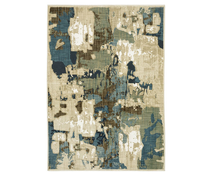 Introducing the Oriental Weavers Reed / RE11Q Rug in multi, featuring an abstract design with a distressed pattern and irregular shapes in shades of blue, beige, cream, and brown. Expertly power-loomed from space-dyed polypropylene, this modern rug combines artistic texture with enhanced durability for lasting visual interest.