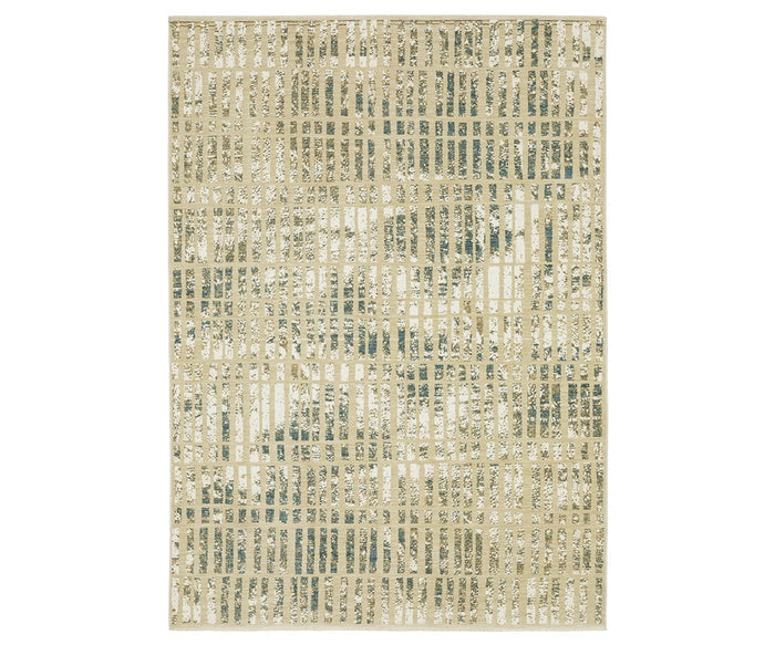 Introducing the Oriental Weavers Reed / RE12W Rug in Beige/Multi, featuring a contemporary rectangular design with a beige and cream grid pattern over a subtle green and gray abstract background. This modern rug showcases an abstract motif and a textured appearance, expertly crafted from super-soft polypropylene to provide both style and comfort for any living space.