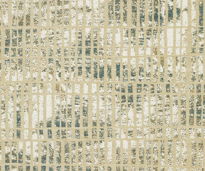 The Oriental Weavers Reed / RE12W Rug displays an abstract grid of beige and blue vertical and horizontal lines over a textured, mottled background. This contemporary rug blends rustic charm with a repetitive geometric pattern and is crafted from super-soft polypropylene for lasting comfort and durability.