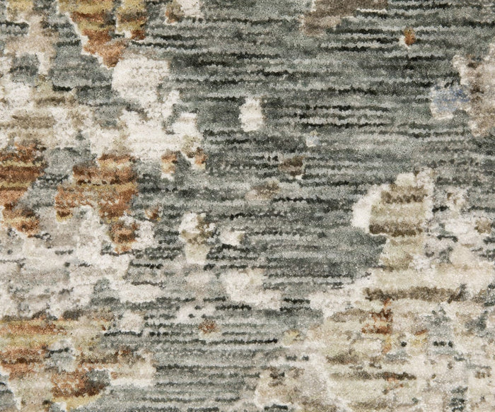 A close-up view of the Oriental Weavers Soho / SOH03 Rug showcases its versatile palette of muted green, beige, cream, and brown tones in an abstract, textured design crafted from space-dyed polyester.