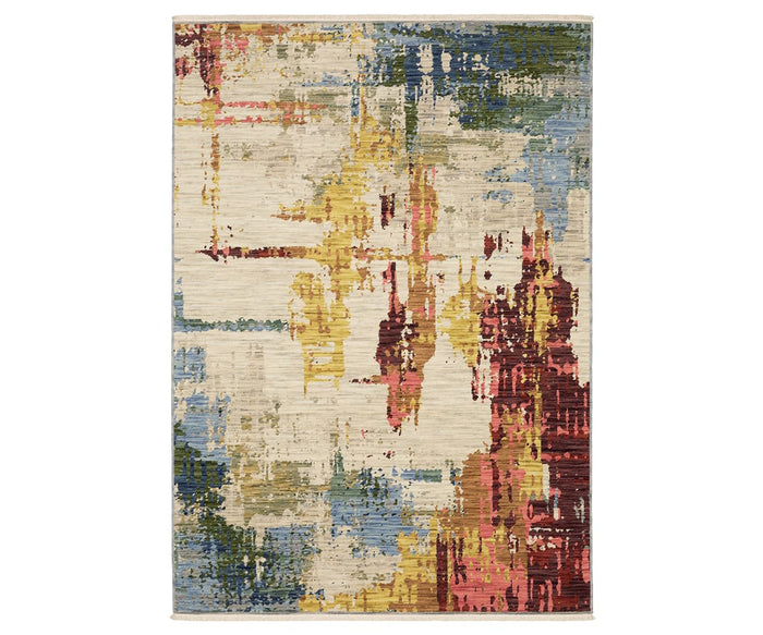 The Oriental Weavers Soleri / SOL01 Rug is a rectangular area rug in a multi colorway, showcasing an abstract design with vibrant splashes on a cream background. Crafted on an Axminster loom, this modern rug features a pattern reminiscent of artistic brushstrokes or a contemporary painting.