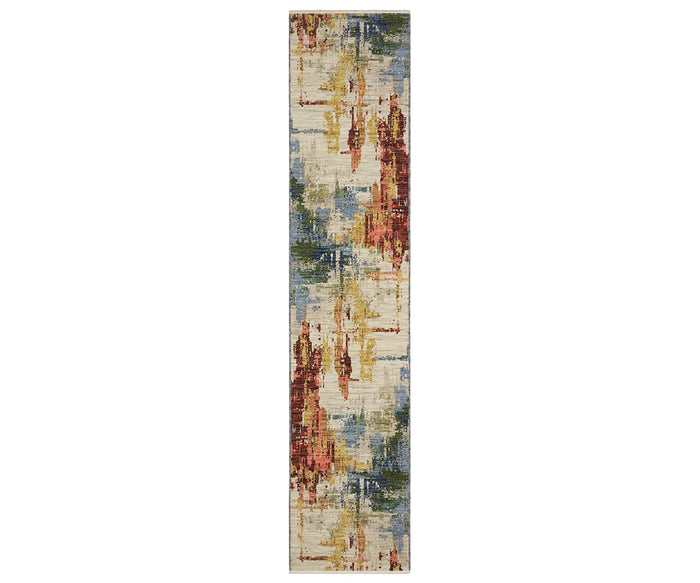 Discover the Oriental Weavers Soleri / SOL01 Rug—a rectangular runner featuring a striking abstract pattern in multi-color hues on a white backdrop. Expertly woven using the Axminster loom for exceptional durability and style, this modern abstract rug is crafted from a premium wool-nylon blend, offering enhanced softness and resilience.