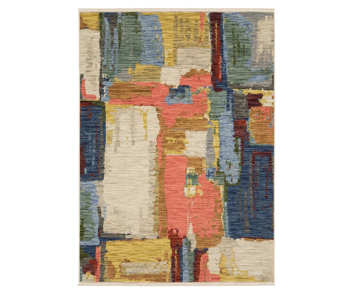 The Oriental Weavers Soleri / SOL02 Rug is a modern, rectangular Axminster piece crafted from a high-quality wool nylon blend. Its multi-colored design features bold blocks of blue, red, yellow, green, and beige—expertly blended with rough, brushstroke-like texture—creating a striking abstract effect that brings both durability and contemporary style to your interior.