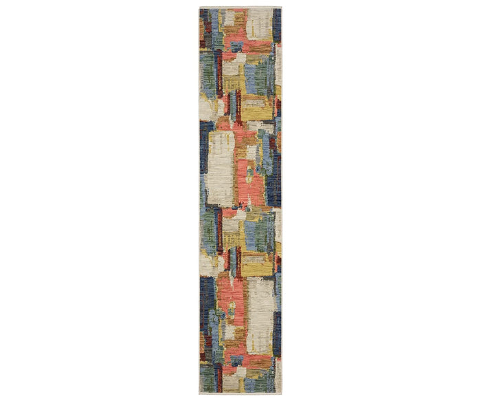 The Oriental Weavers Soleri / SOL02 Rug is a long, narrow modern abstract rug showcasing a vibrant block pattern in multi-color shades. Crafted from a wool-nylon blend, this design features textured overlapping rectangles and softly blended edges for a contemporary feel.
