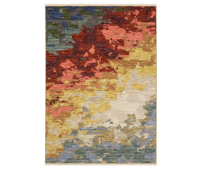 The Oriental Weavers Soleri / SOL04 Rug showcases a textured abstract pattern in a blend of multi-colored hues, reminiscent of a landscape or watercolor painting. Expertly crafted from wool and nylon, this modern rug combines style and durability.