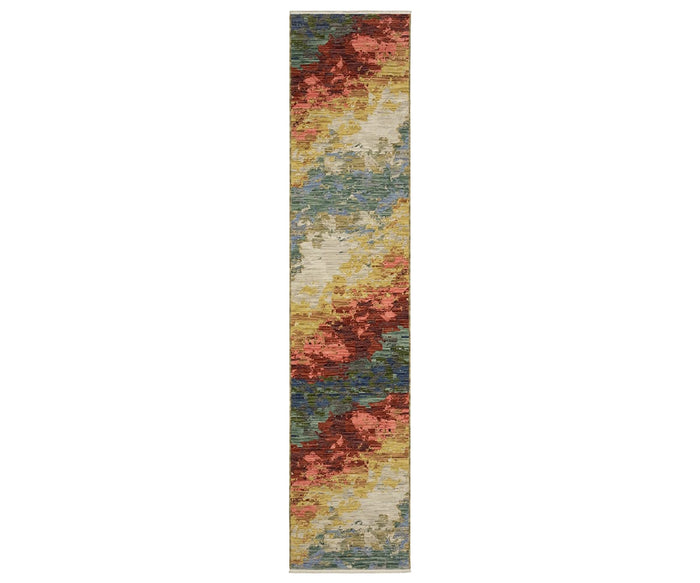 A narrow, rectangular wool and nylon Oriental Weavers Soleri / SOL04 rug in Multi, featuring an abstract, painterly pattern with blended shades of red, blue, yellow, green, and beige—a modern design from the Soleri Collection.