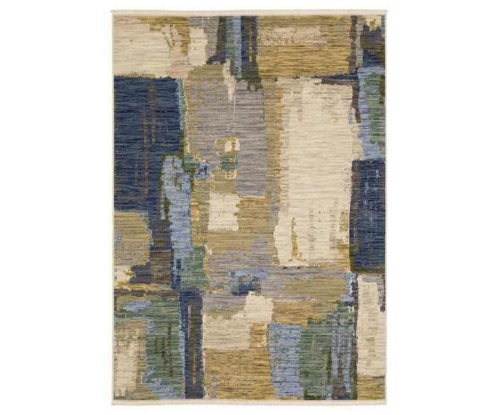 The Oriental Weavers Soleri / SOL05 Rug features an abstract Axminster design with overlapping rectangular shapes in soft, muted hues of blue, beige, green, and gray. Its woven texture and multi-color palette create a modern and textured look ideal for contemporary spaces.