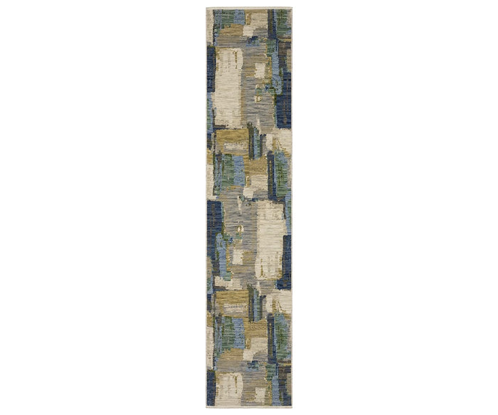The Oriental Weavers Soleri / SOL05 Rug is a long modern abstract rug in a multi-color block-style pattern, showcasing overlapping rectangular shapes in shades of blue, green, beige, and cream. Crafted as an Axminster rug from a blend of wool and nylon, it features a richly textured appearance.