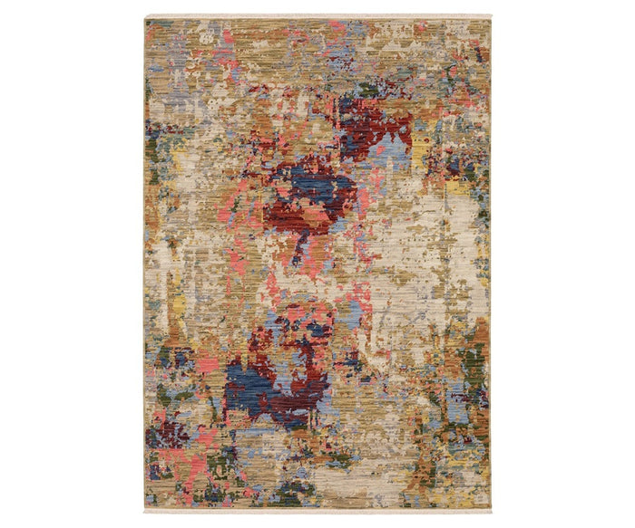 The Oriental Weavers Soleri / SOL06 Rug in Multi features an abstract pattern with shades of beige, gold, red, blue, and hints of green. Woven from a wool and nylon blend on an Axminster loom, this modern rug showcases a distressed artistic look that adds unique character to any space.