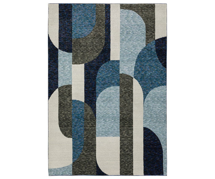 The Oriental Weavers Strada / STR03 Rug features a rectangular Art Deco design with an abstract geometric pattern in blue and multi tones, highlighted by overlapping curved and straight lines—an ideal choice for bringing sophisticated style to modern interiors.