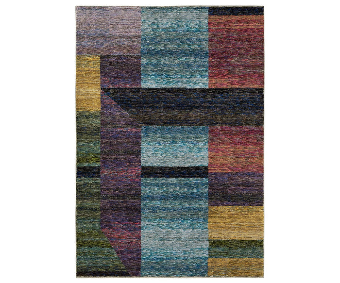 The Oriental Weavers Strada / STR04 Rug is a rectangular, machine-woven nylon rug showcasing an Art Deco-inspired abstract geometric pattern in a mix of colors. Featuring overlapping rectangles and lines in shades of blue, yellow, red, and purple, this multi-colored piece is perfect for bringing bold style to any modern space.