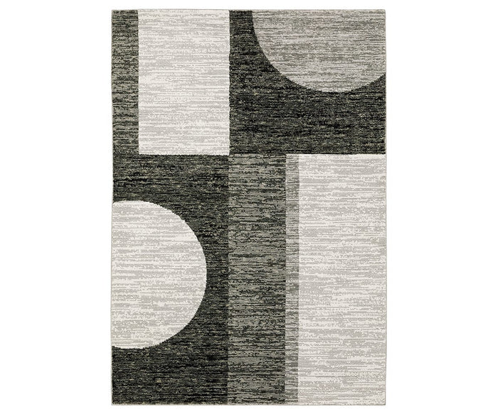 The Oriental Weavers Strada / STR06 Rug is a rectangular, machine-woven nylon piece showcasing an abstract geometric design with overlapping semi-circles, rectangles, and textured patterns in black and multi-toned shades—perfect for bringing modern flair to contemporary spaces.