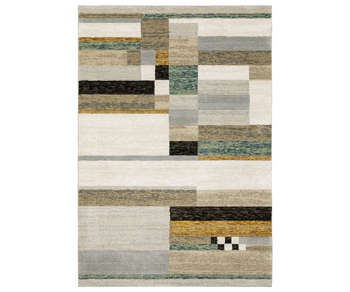 The Oriental Weavers Strada / STR07 Rug features a modern geometric pattern with rectangles and lines in various orientations, blending neutral shades and subtle accents for an Art Deco-inspired touch. Machine-woven from durable nylon in a multi-color palette, this rectangular area rug offers easy maintenance and contemporary style for your space.