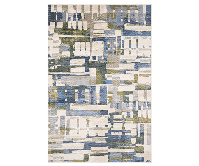 Introducing the Oriental Weavers Tisdell / TIS01 Rug in Multi—a striking area rug showcasing an irregular geometric pattern in rich jewel tones set against a crisp white background. Overlapping rectangular and linear shapes in varying shades create bold visual interest, all crafted from durable polyester to ensure lasting style and comfort.