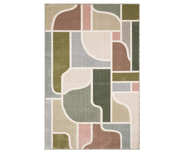 The Oriental Weavers Tisdell / TIS02 Rug showcases an abstract geometric pattern in a mix of pink, green, beige, and gray tones. Crafted from space-dyed polyester for durability, this rectangular area rug features curved and straight lines that form unique shapes and blocks—offering modern style to any room in a chic multi-color palette.