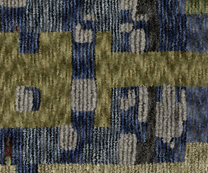 The Oriental Weavers Tisdell / TIS03 Rug features an abstract pattern with blue, olive green, and gray rectangular shapes and lines, highlighted by a textured woven appearance. Crafted from space-dyed polyester for vibrant color and added dimension, this modern abstract rug displays irregular blocks and vertical striping throughout. Its durable area rug construction ensures lasting style and comfort in any space.