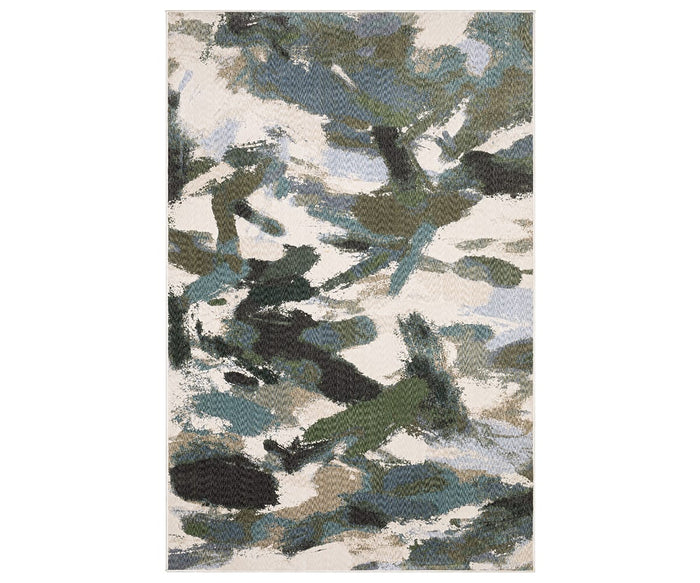 The Oriental Weavers Tisdell / TIS04 Rug features a modern abstract camouflage pattern in green, blue, black, and beige tones on a light background. Crafted from durable polyester in a versatile multi-color palette, this statement piece effortlessly combines contemporary style with long-lasting functionality.